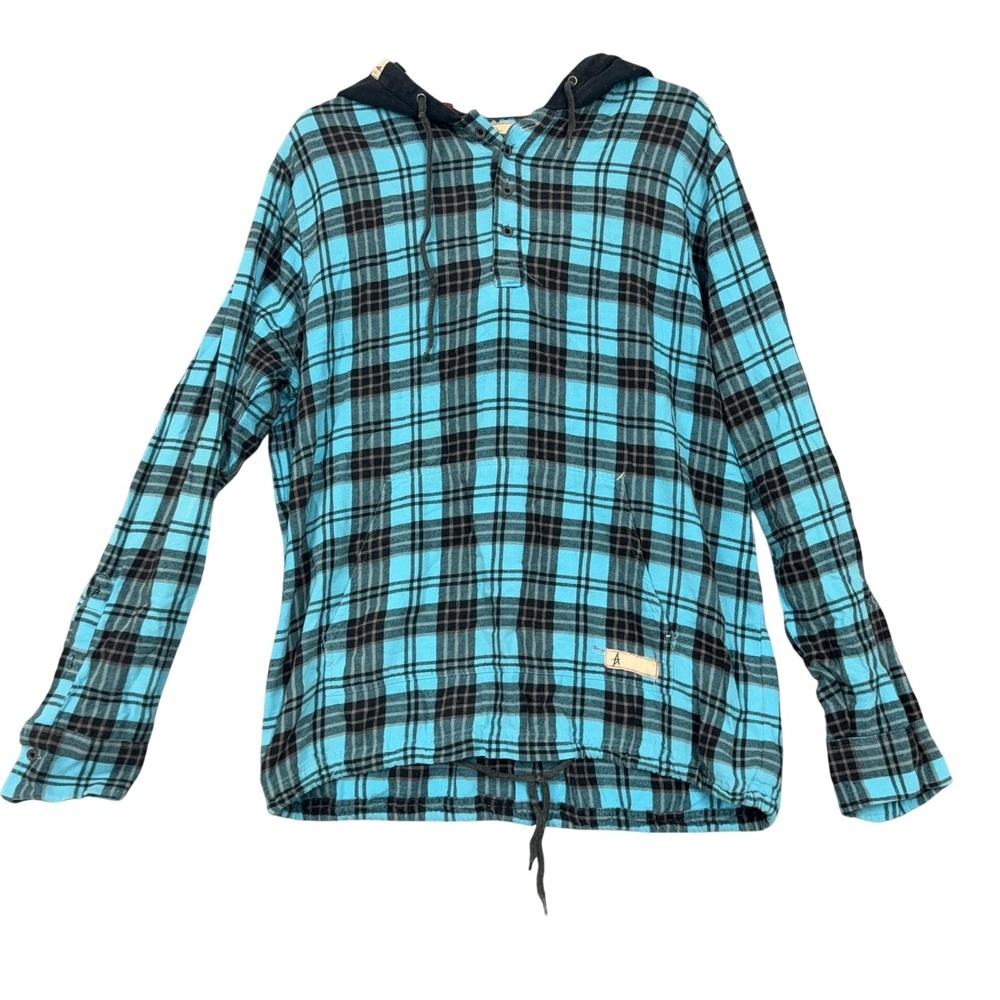 Altamont Shirt Mens Large Blue Plaid Hooded Flannel Henley Poncho Button Front